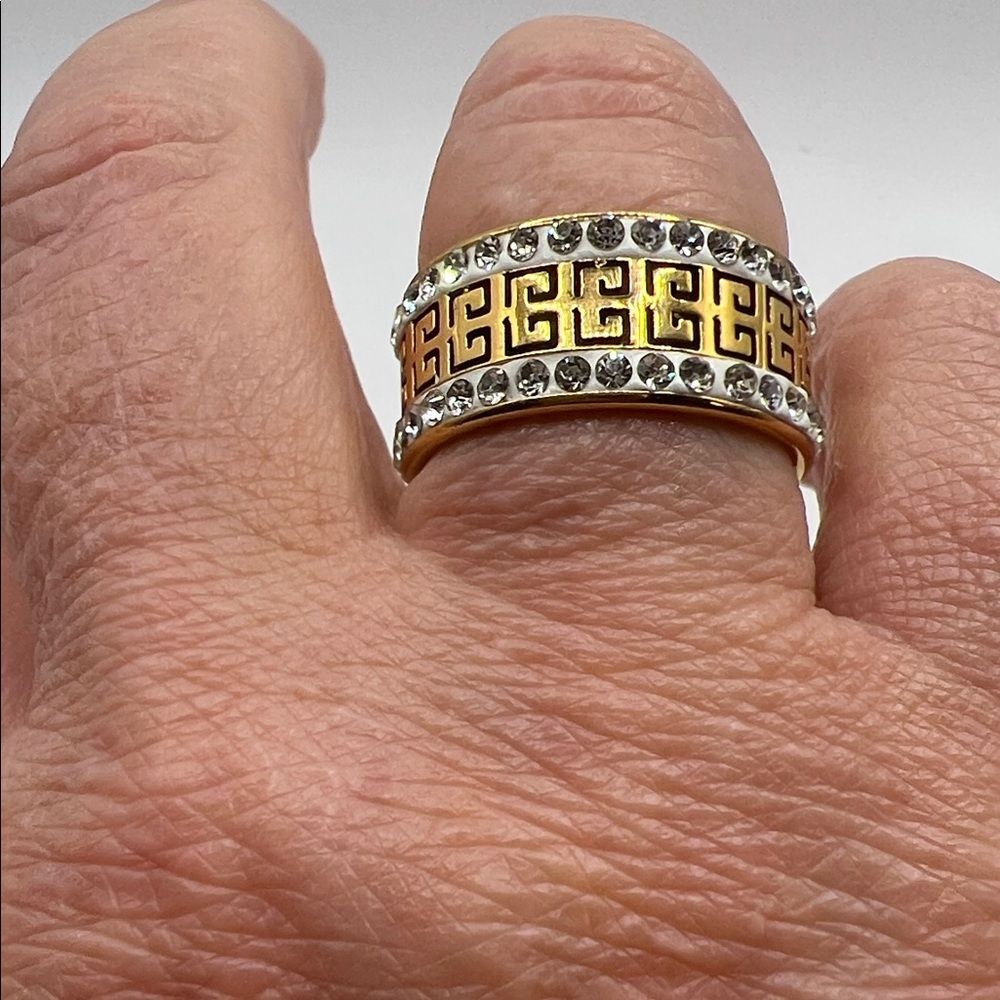 Gold-Tone Greek Key Crystal Band Ring - Size 10
